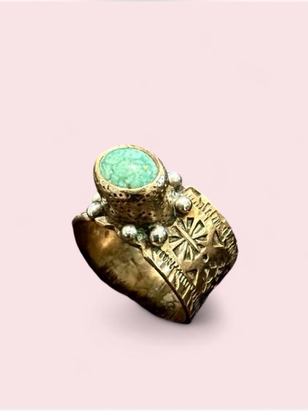⚡️Handmade OOAK Etched Brass High Bezel Genuine Turquoise Ring⚡️